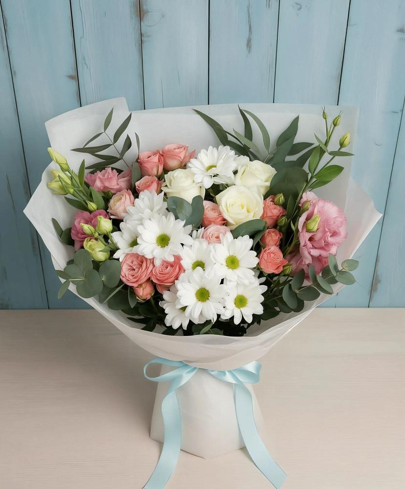 Букет цветов из: Розы, Лизиантусы и Хризантемы в Новолотошино