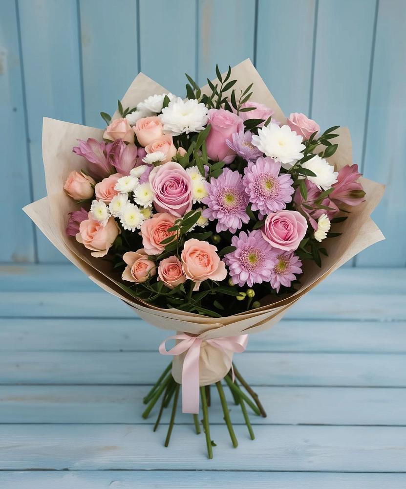 Букет цветов из: Хризантемы, Розы и Альстромерии в Новолотошино