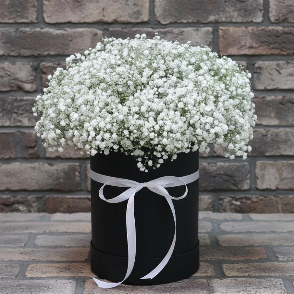 Цветочная композиция из Гипсофила в шляпной коробке в Новолотошино