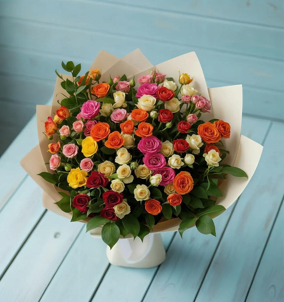Букет Микс из разноцветных кустовых роз в Новолотошино