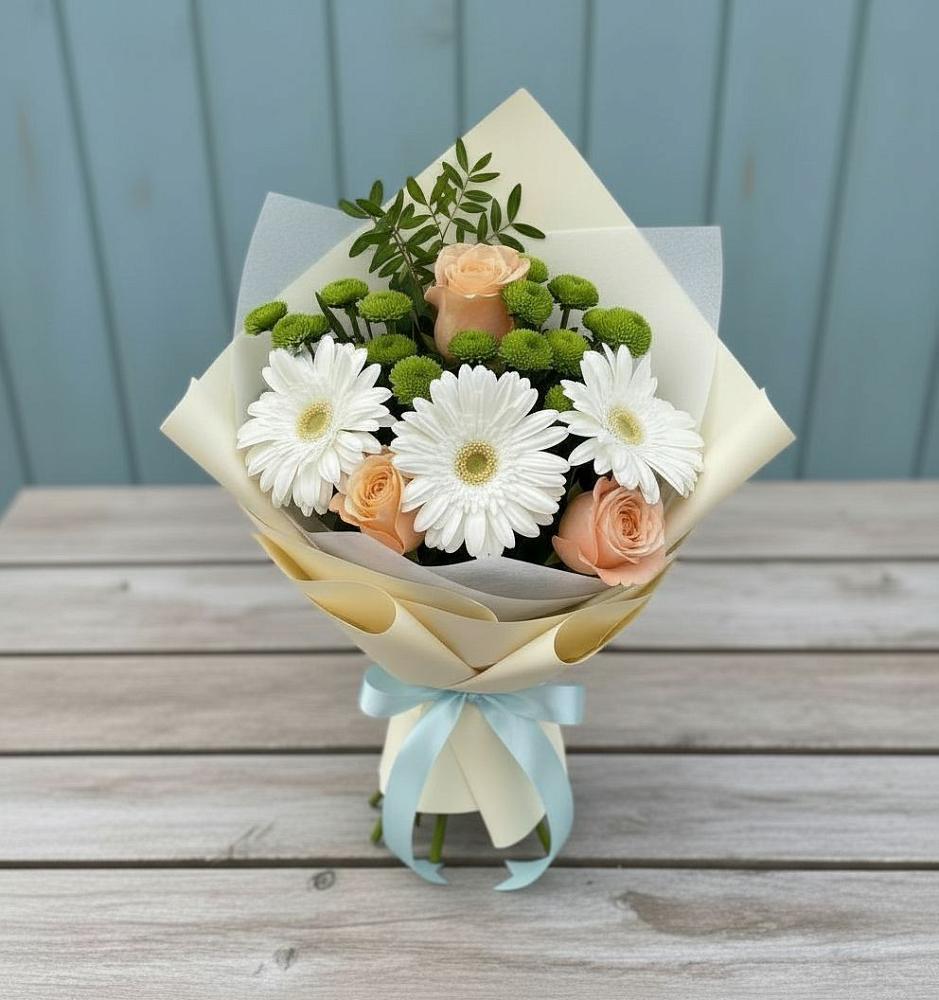 Букет цветов из: Герберы, Розы и Хризантемы в Новолотошино