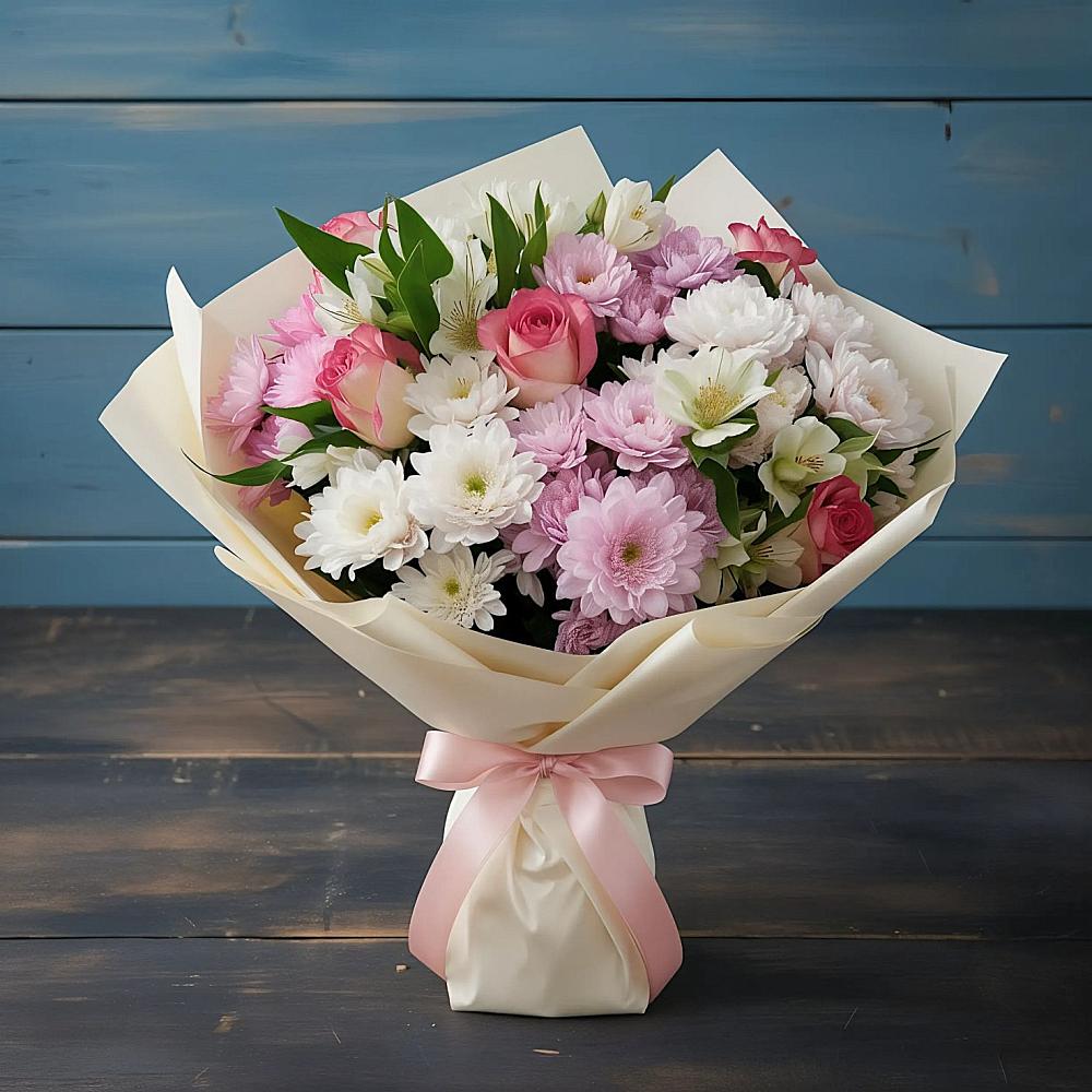 Букет цветов из: Хризантемы, Альстромерии и Розы в Новолотошино